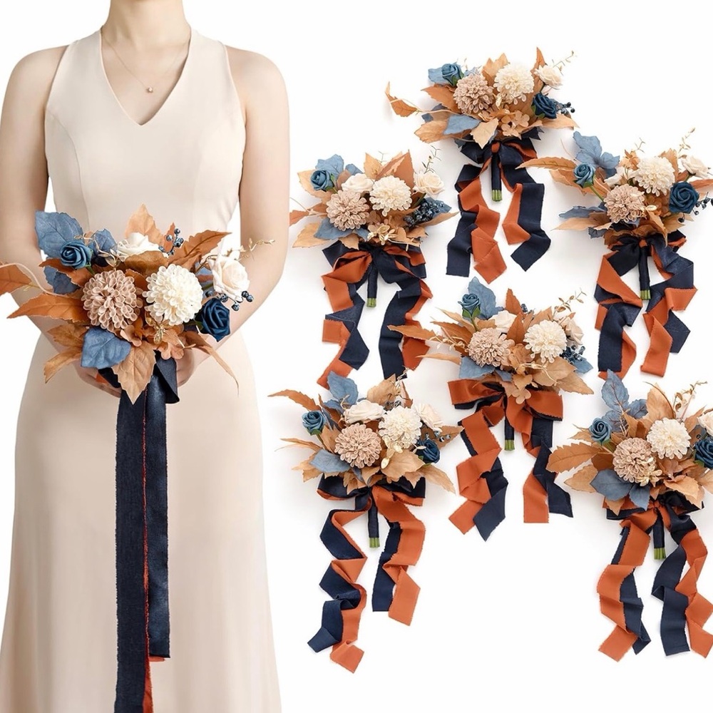 Bridesmaid Bouquet Set - Navy & Rust Floral Wrist Corsages